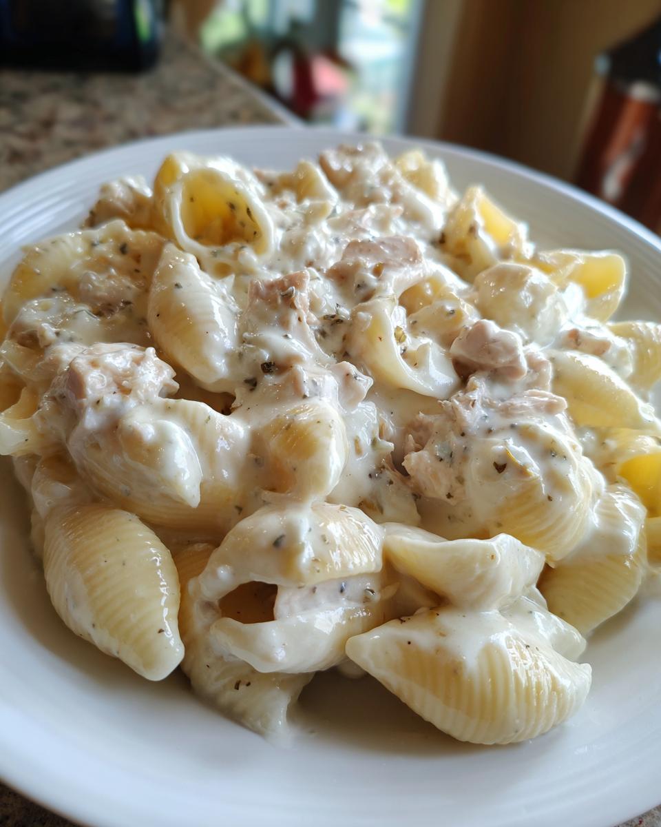 Close-up of a bowl of garlic butter chicken alfredo shells coated in rich white sauce and herbs.