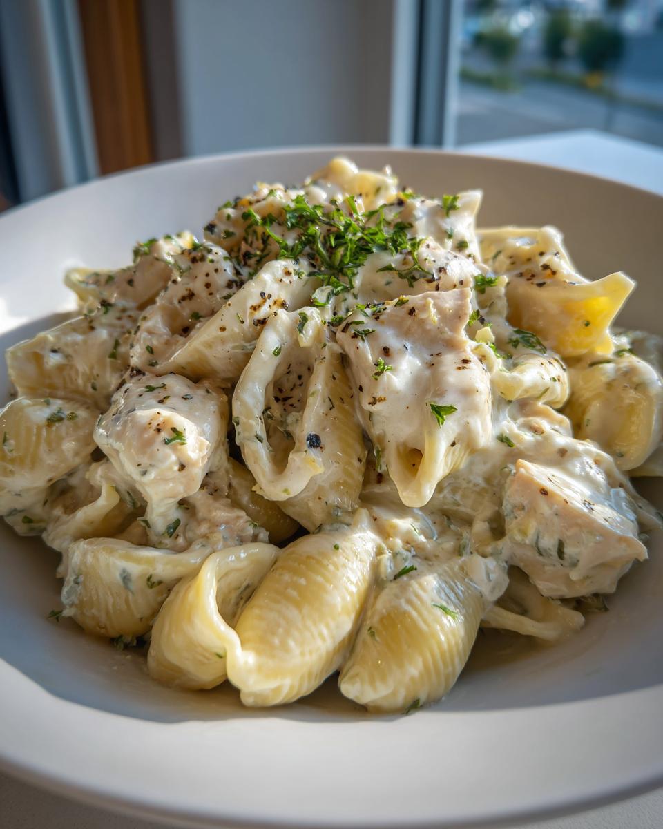 Close-up of creamy garlic butter chicken alfredo shells pasta topped with fresh parsley and black pepper.