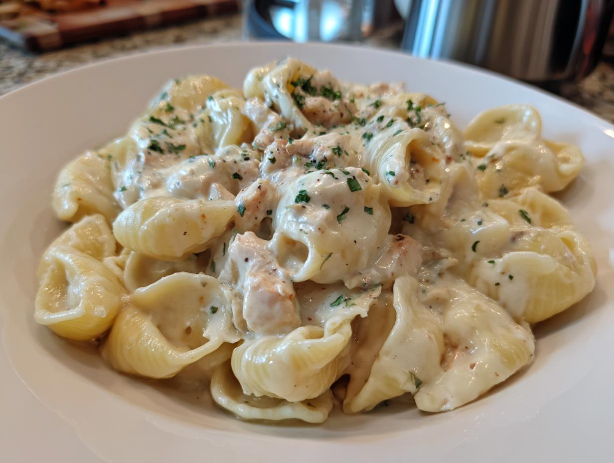 A close-up of creamy garlic butter chicken alfredo shells topped with fresh parsley in a white bowl.