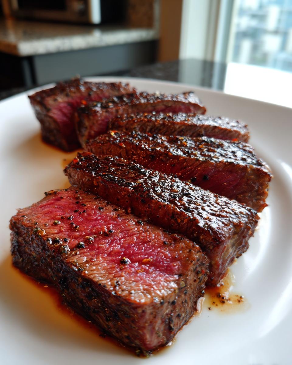 Close-up of perfectly medium-rare garlic pepper steak, sliced and resting on a white plate.