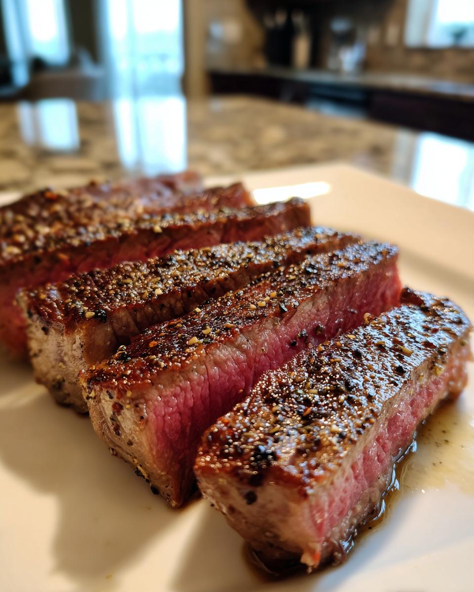 Close-up of medium-rare garlic pepper steak, sliced and resting on a white plate with juices.