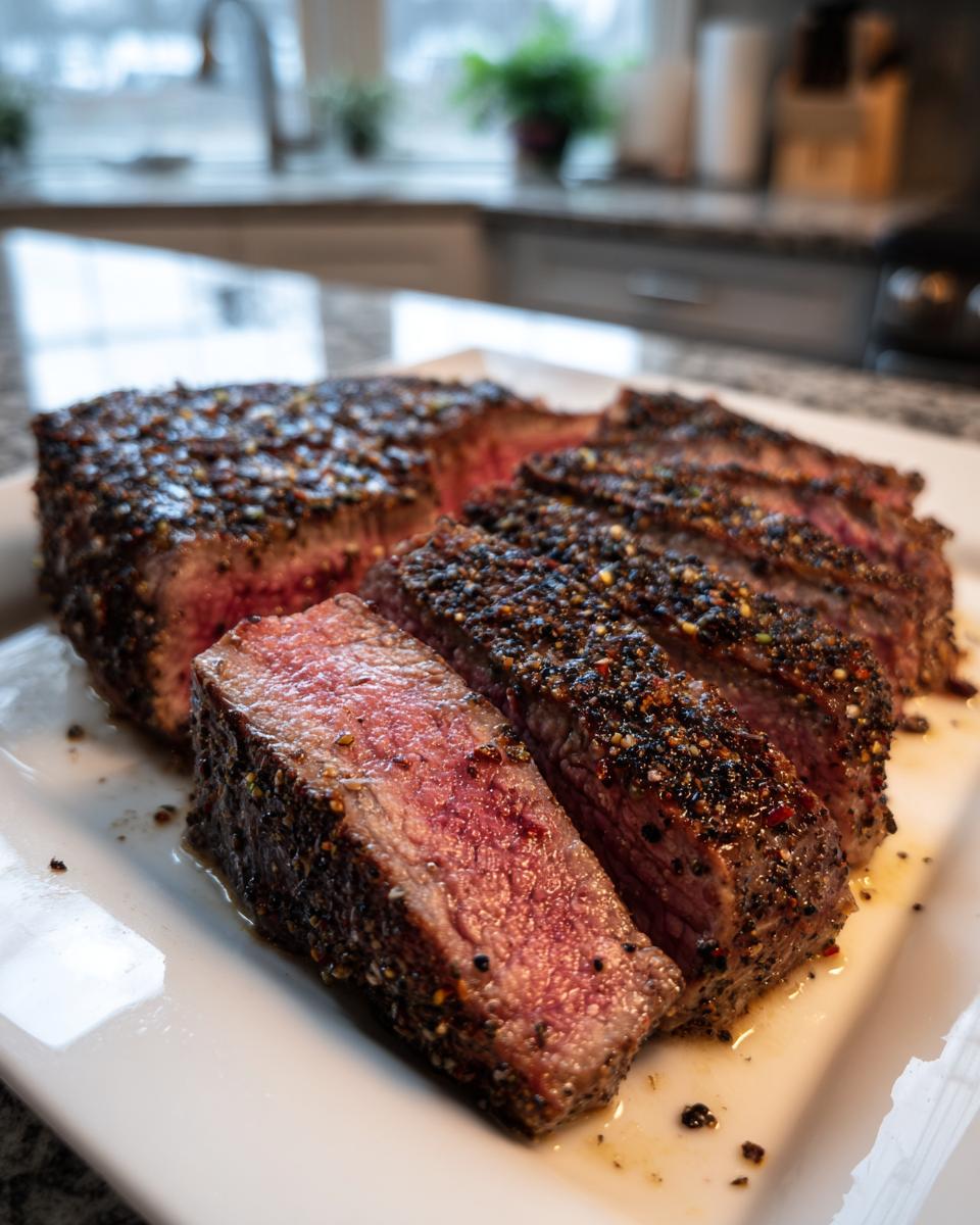Close-up of medium-rare garlic pepper steak, heavily crusted with pepper, sliced on a white platter.