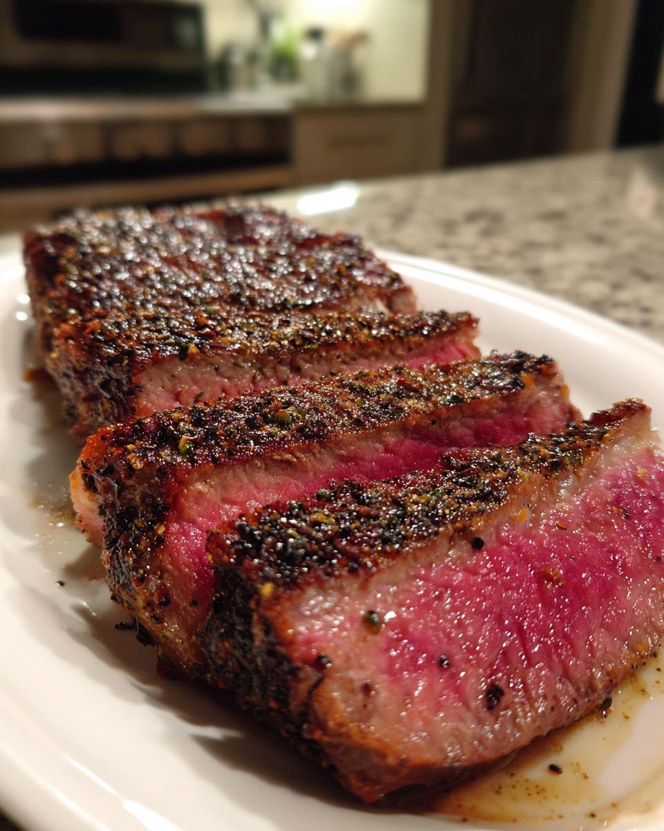 Close-up of medium-rare garlic pepper steak, sliced and showing a heavily seasoned crust.