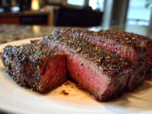 Close-up of medium-rare garlic pepper steak, thickly sliced and showing a heavy spice crust.