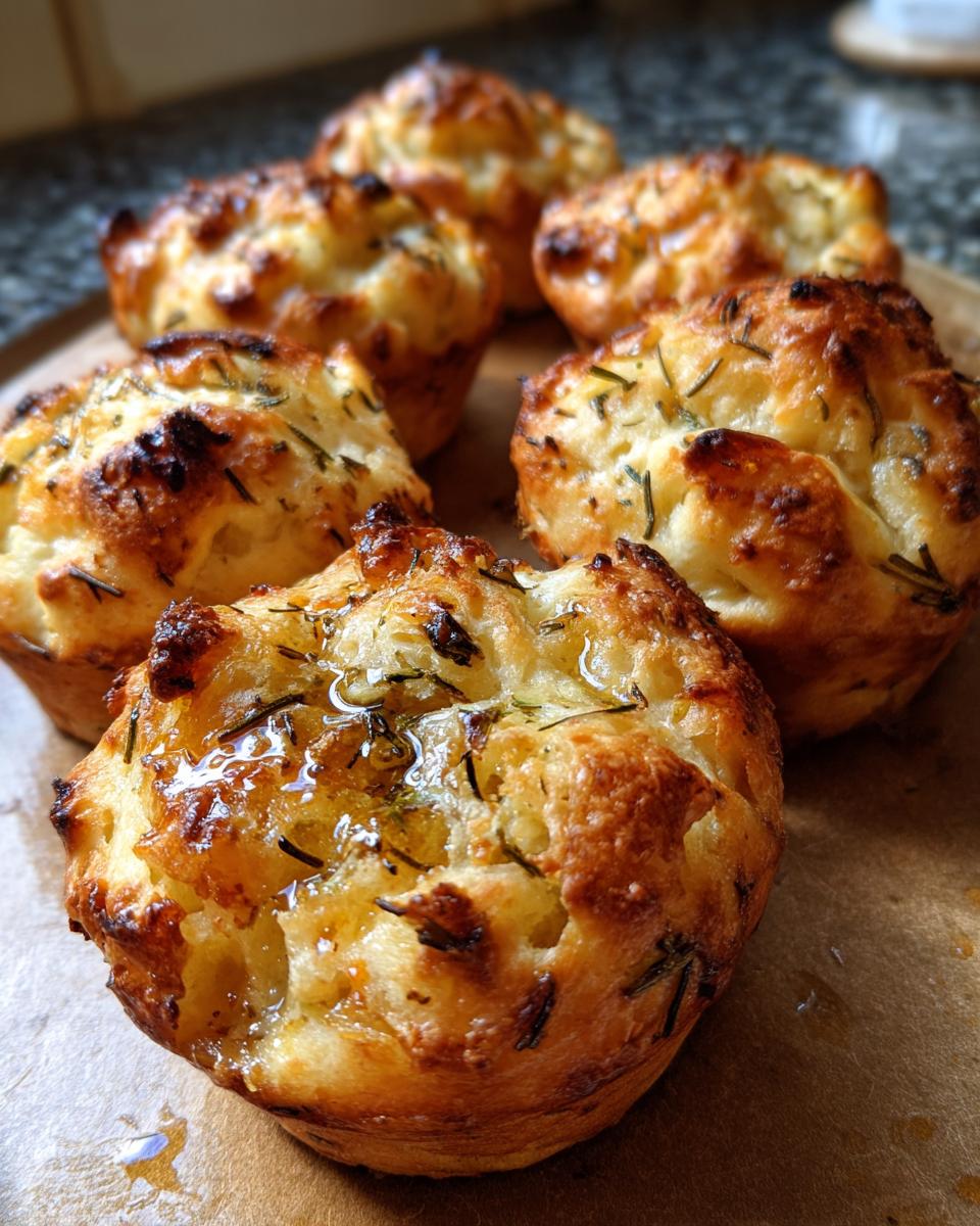 Close-up of several golden brown garlic rosemary focaccia muffins drizzled with oil.