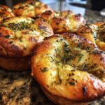Close-up of golden brown garlic rosemary focaccia muffins topped with herbs and olive oil.