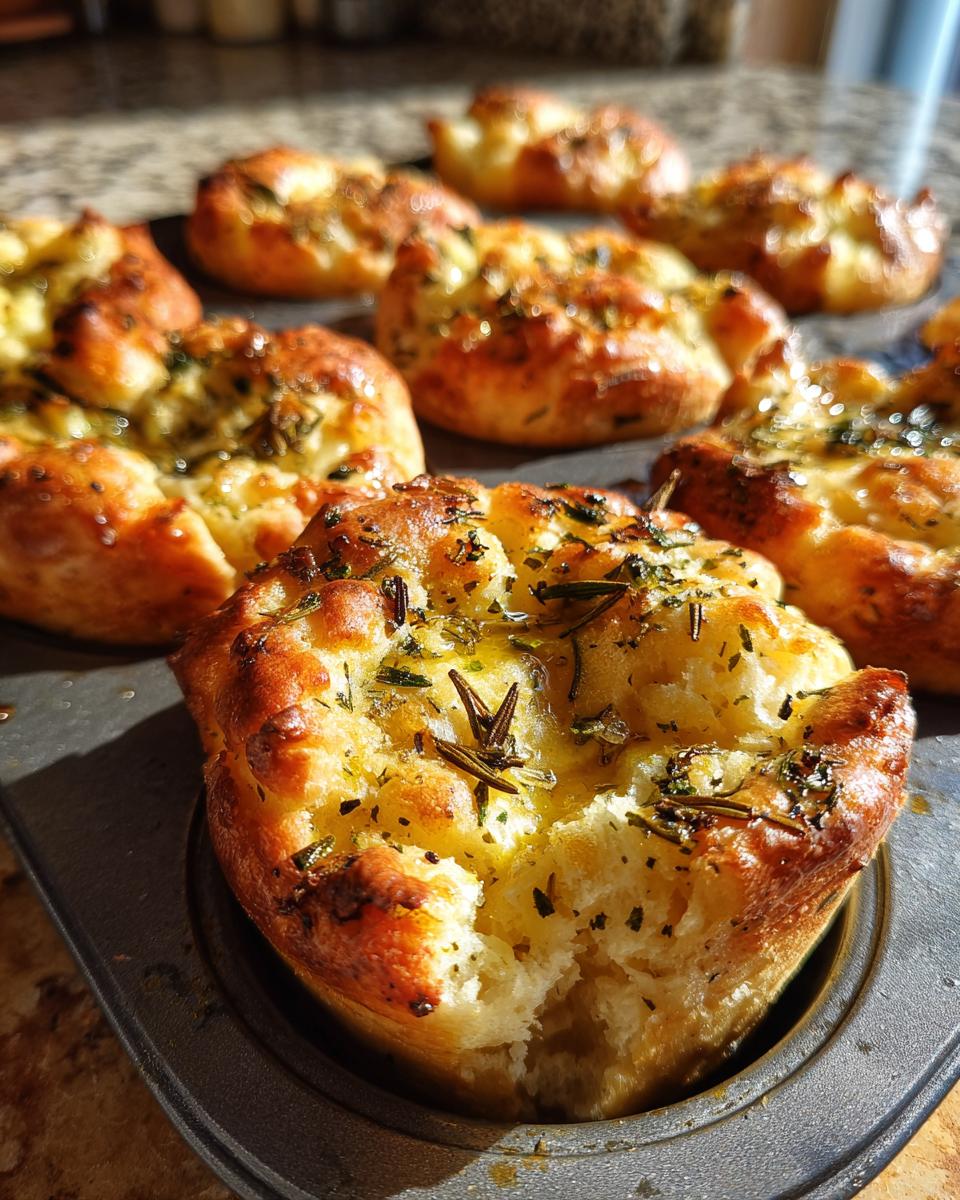 Close-up of freshly baked garlic rosemary focaccia muffins glistening with oil and herbs in a muffin tin.