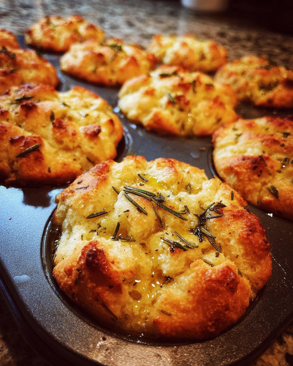 Close-up of golden brown garlic rosemary focaccia muffins baking in a muffin tin, glistening with olive oil and herbs.