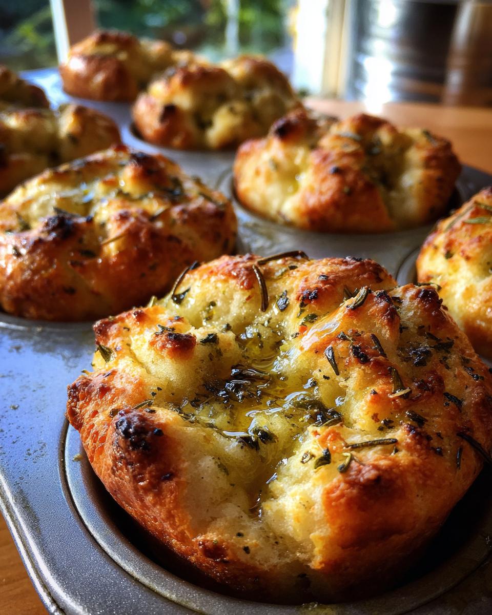 Close-up of golden brown garlic rosemary focaccia muffins glistening with olive oil in a metal muffin tin.