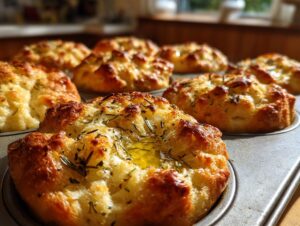 Close-up of golden brown garlic rosemary focaccia muffins baked in a metal tin, glistening with olive oil.