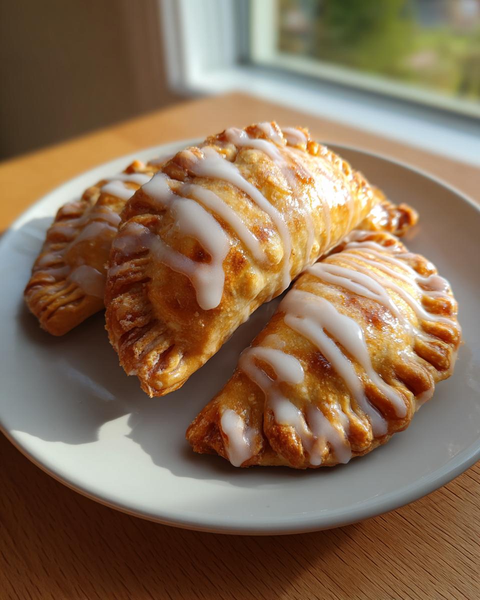 Three golden brown air fryer apple empanadas drizzled with white icing, resting on a light gray plate.