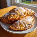 Close-up of several golden-brown air fryer apple empanadas drizzled with white icing on a light plate.