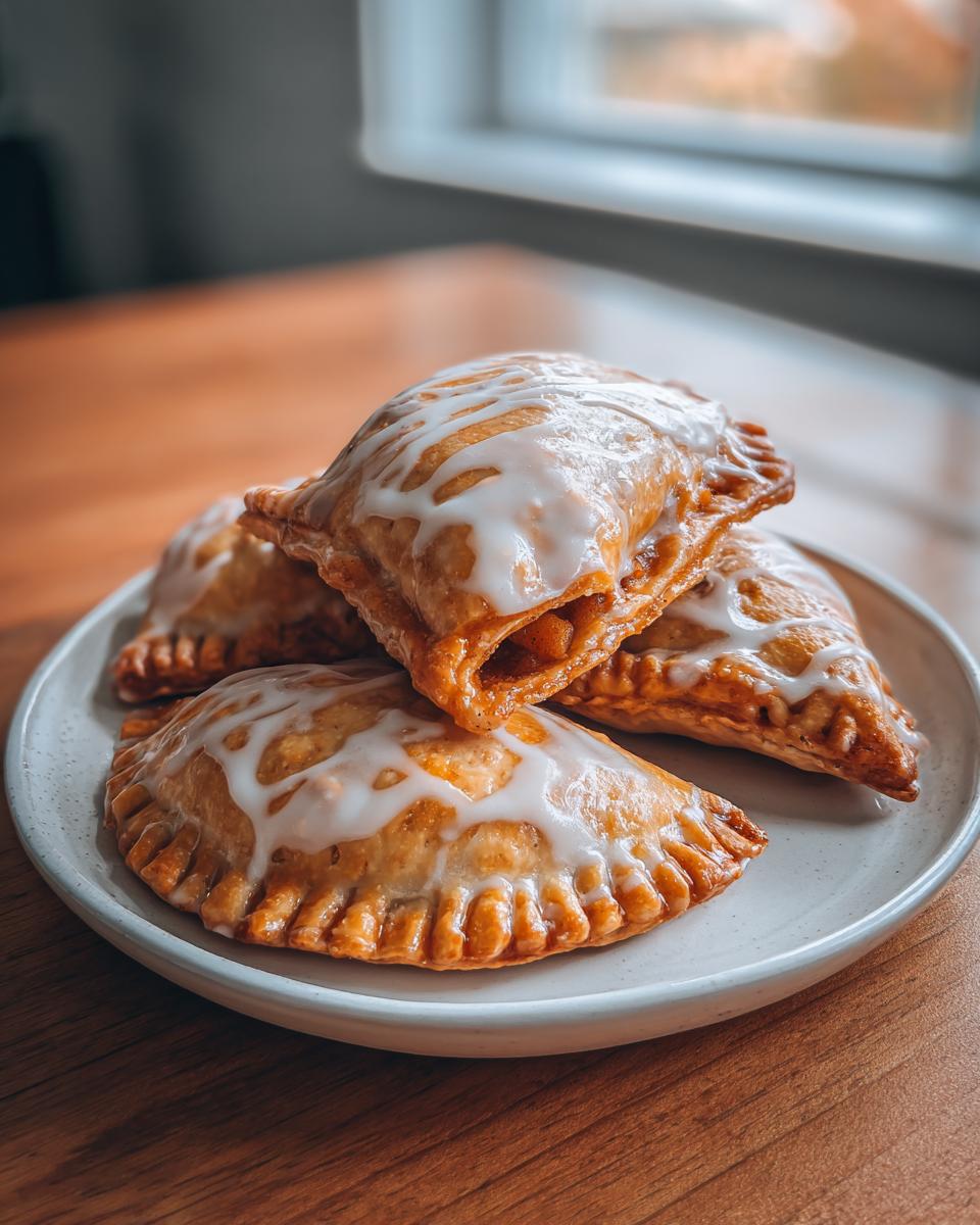 A stack of golden brown air fryer apple empanadas drizzled with white icing, resting on a light plate.