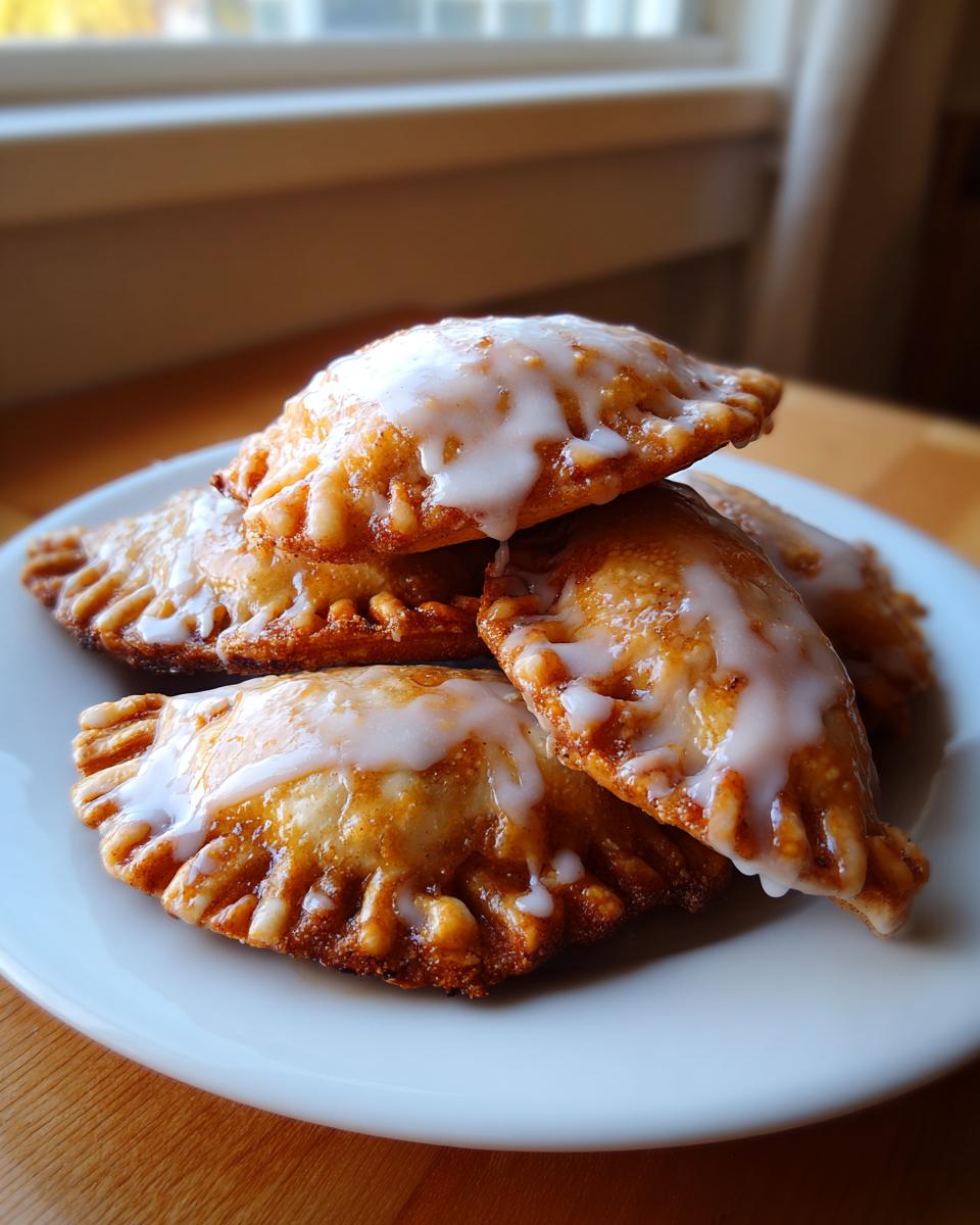 A stack of golden brown air fryer apple empanadas drizzled with white vanilla glaze on a white plate.