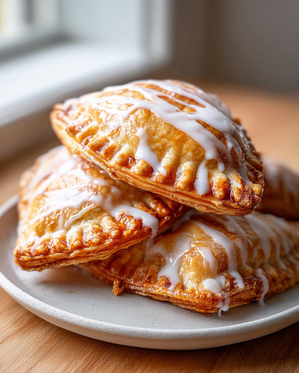 A stack of golden brown air fryer apple empanadas drizzled with white icing, ready to eat.