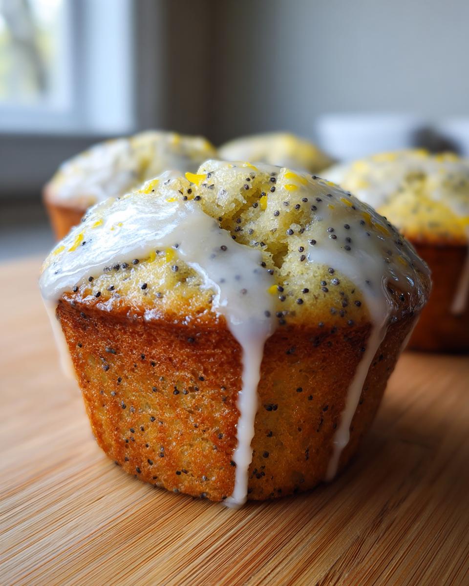 Close-up of a freshly baked lemon poppy seed muffin topped with white glaze and lemon zest.