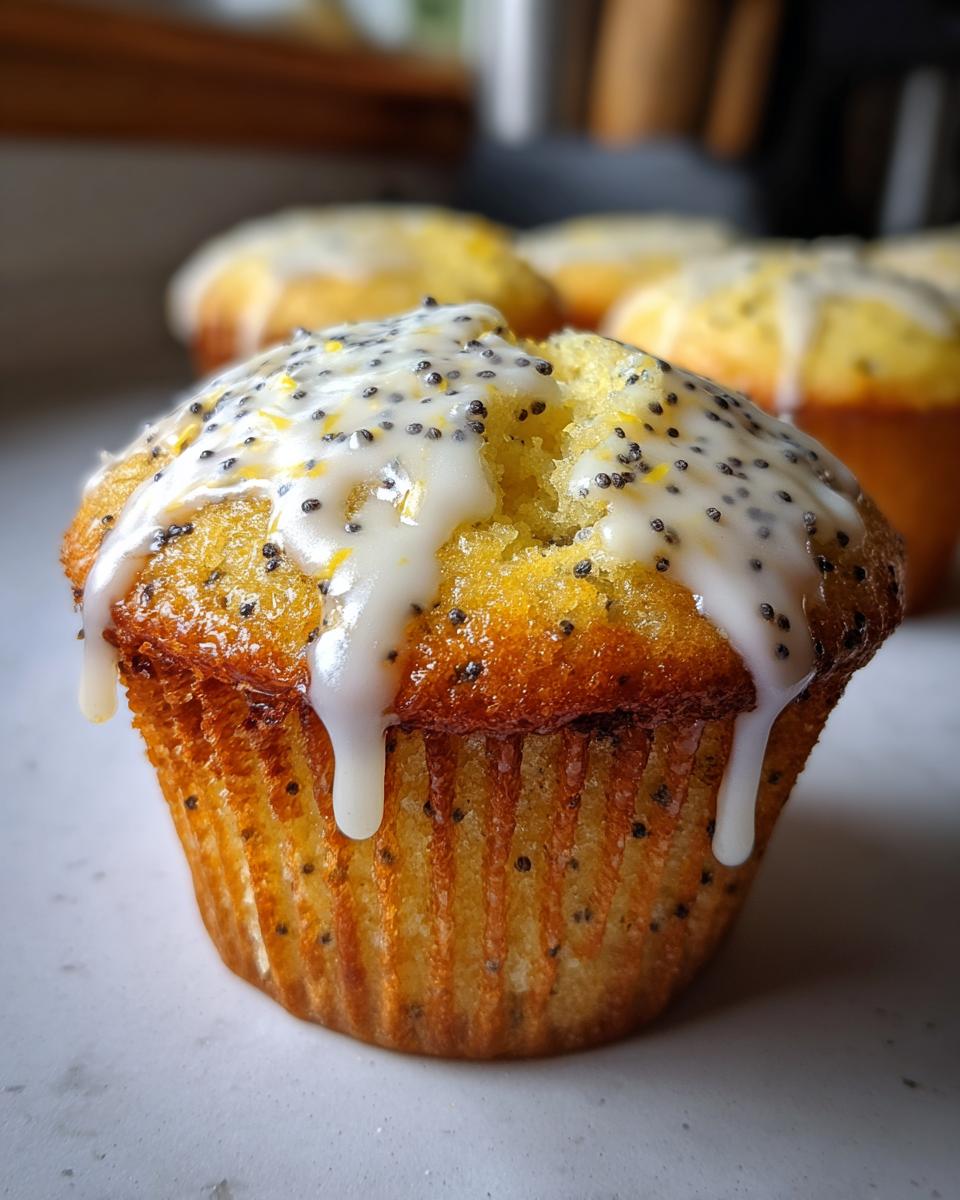 A close-up of a freshly baked lemon poppy seed muffin topped with thick white lemon glaze and poppy seeds.