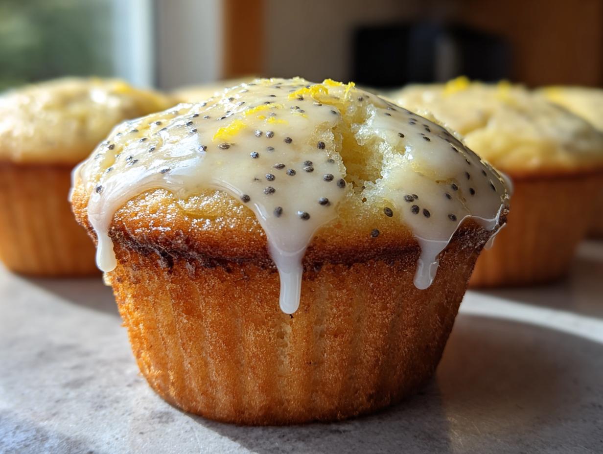 A close-up of a freshly baked lemon poppy seed muffin topped with a thick, dripping lemon glaze and poppy seeds.