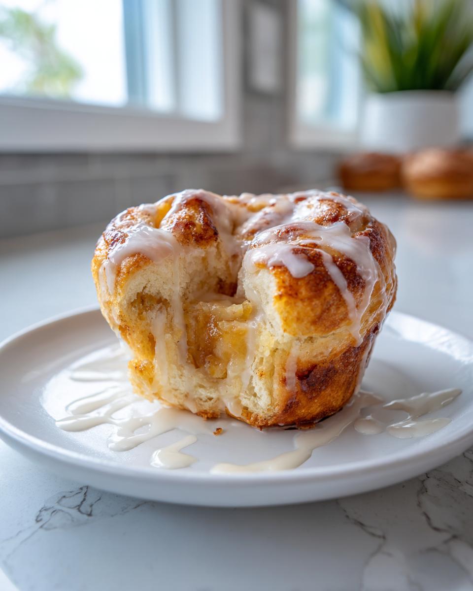 A close-up of a single, flaky peach cruffin drizzled with white icing, sitting on a white plate.