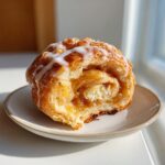 A close-up of a flaky, golden-brown peach cruffin with a bite taken out, showing the filling and topped with white glaze.