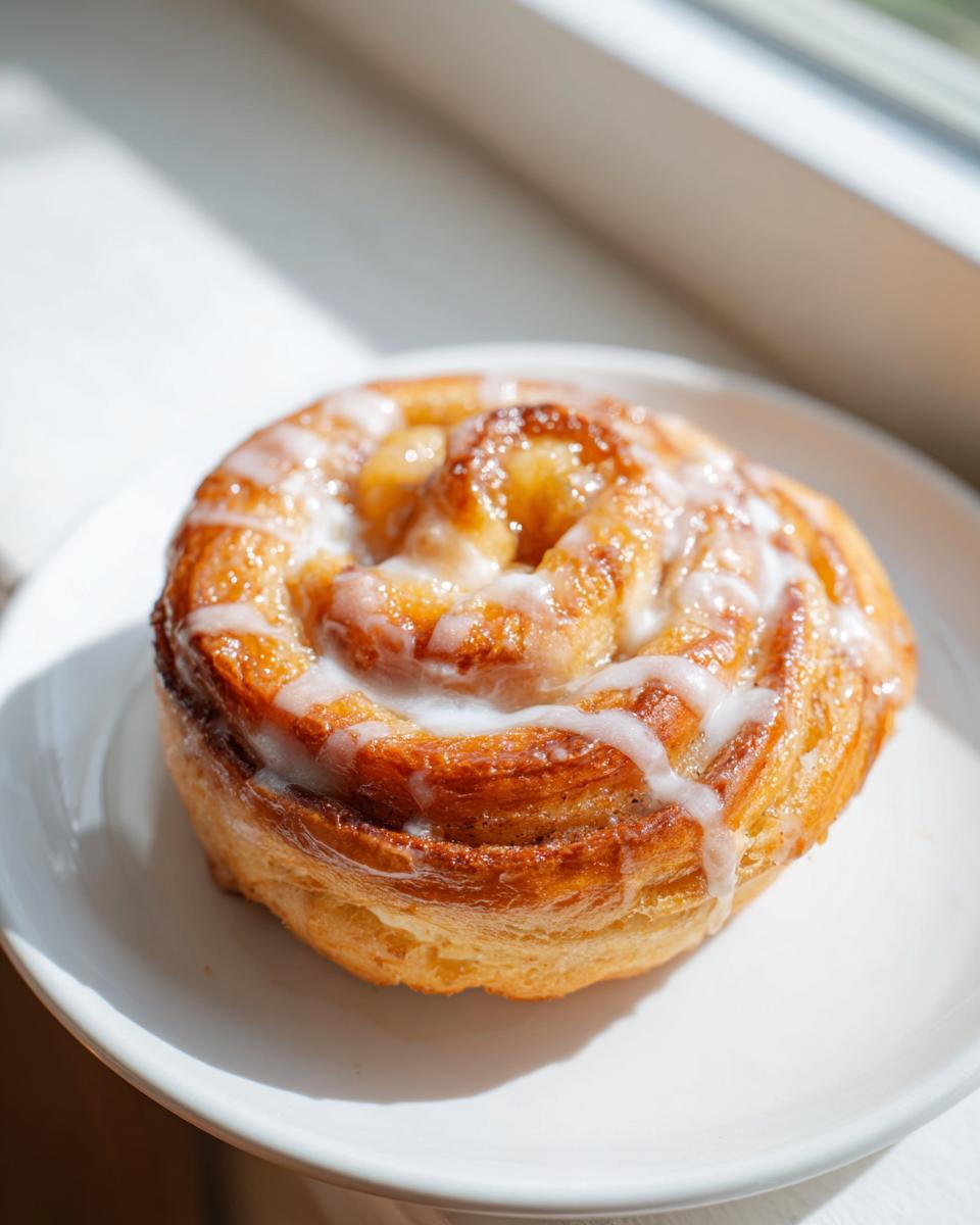 A single, golden-brown peach cruffin topped with white glaze, resting on a white plate near a bright window.