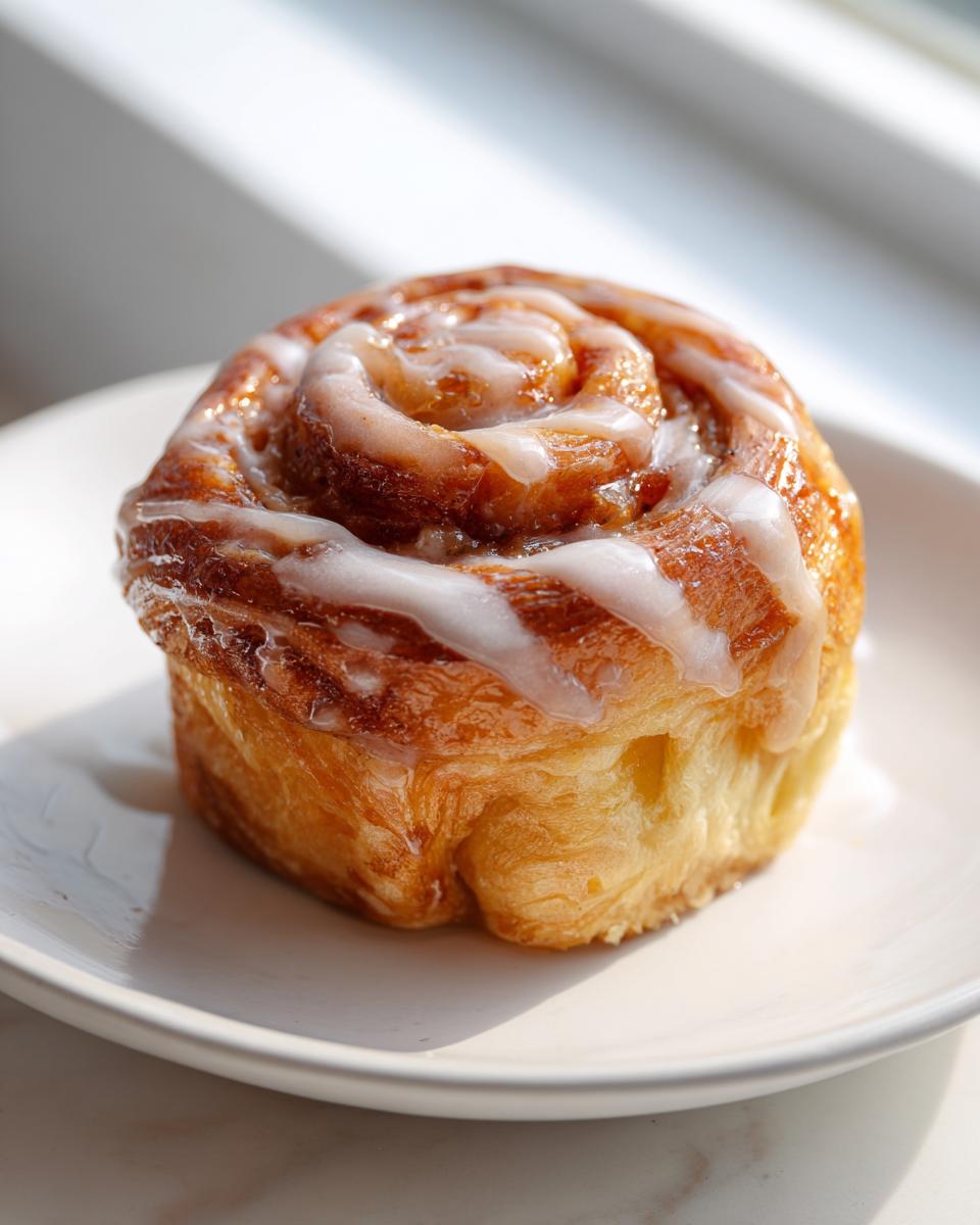 A single, golden-brown peach cruffin topped with white glaze sitting on a white plate near a window.