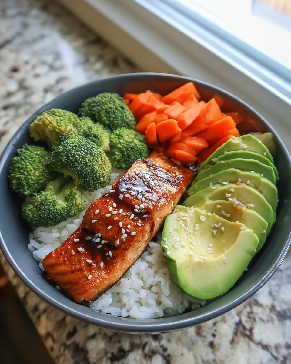 Close-up of a delicious salmon rice bowl featuring glazed salmon, white rice, broccoli, carrots, and sliced avocado.