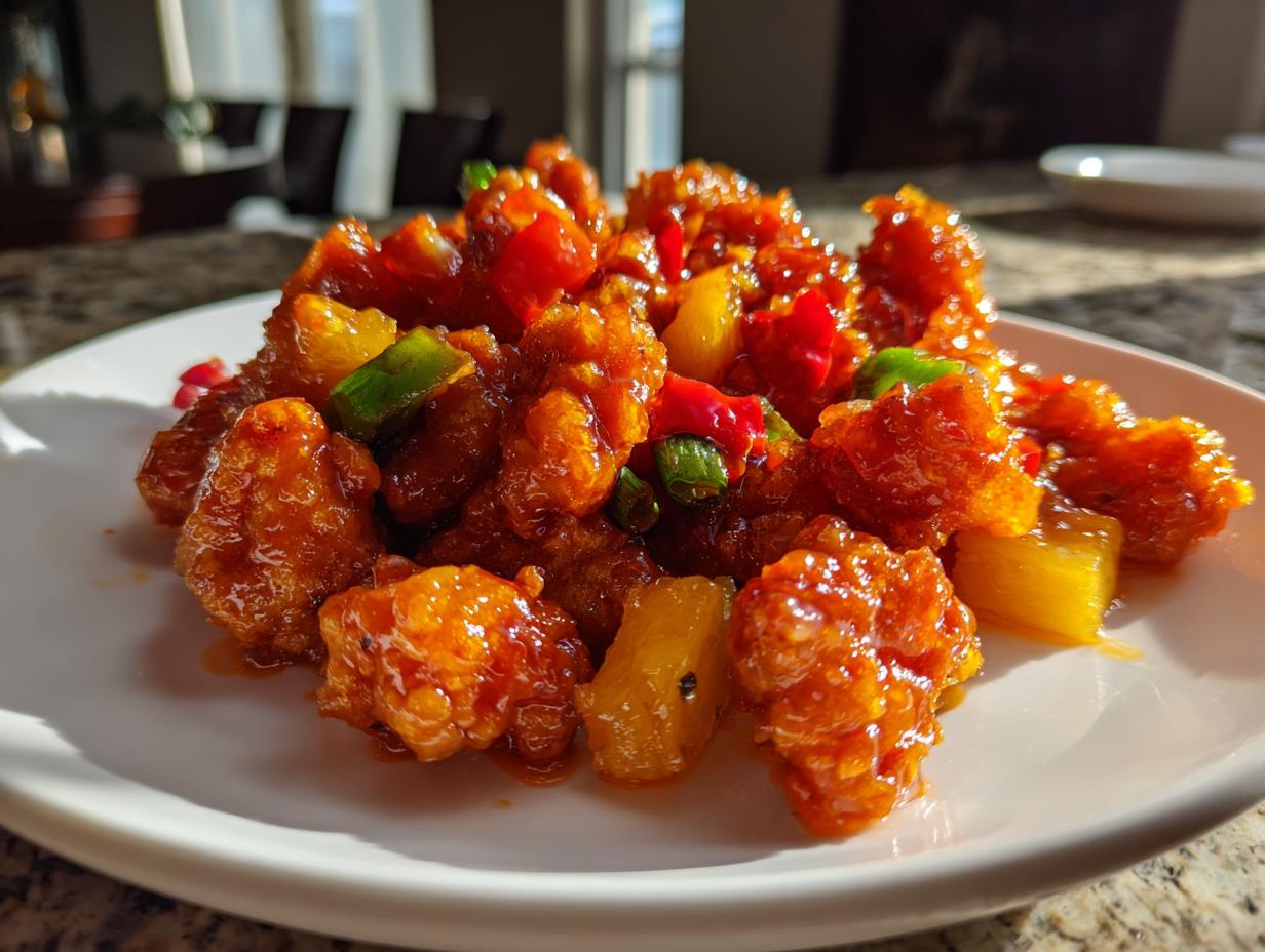 A close-up of crispy, glazed sweet and sour chicken pieces mixed with pineapple and peppers on a white plate.