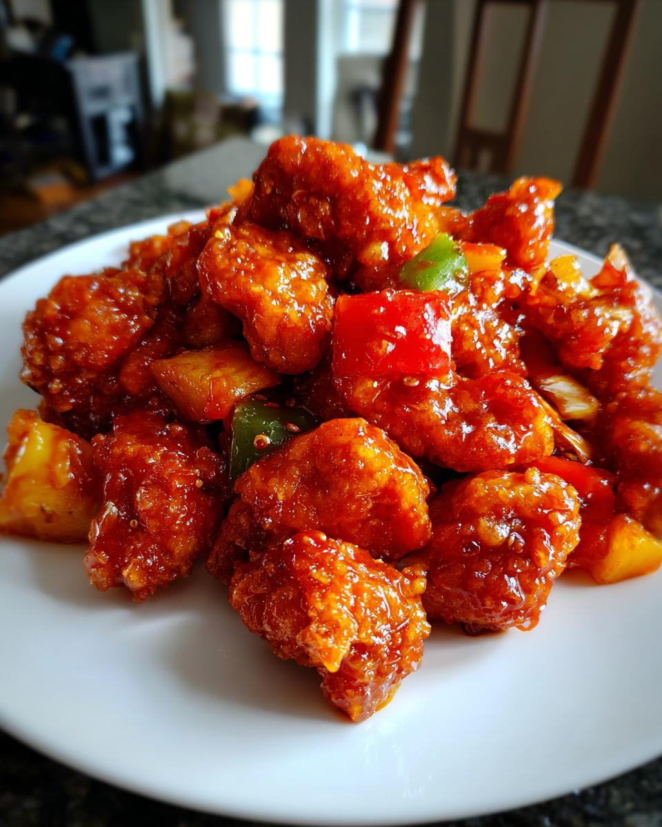 A mound of crispy, glazed sweet and sour chicken pieces mixed with red and green bell peppers and pineapple chunks.