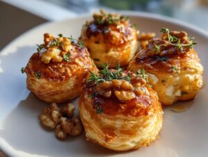 Four golden puff pastry goat cheese and honey bites topped with walnuts and thyme on a white plate.