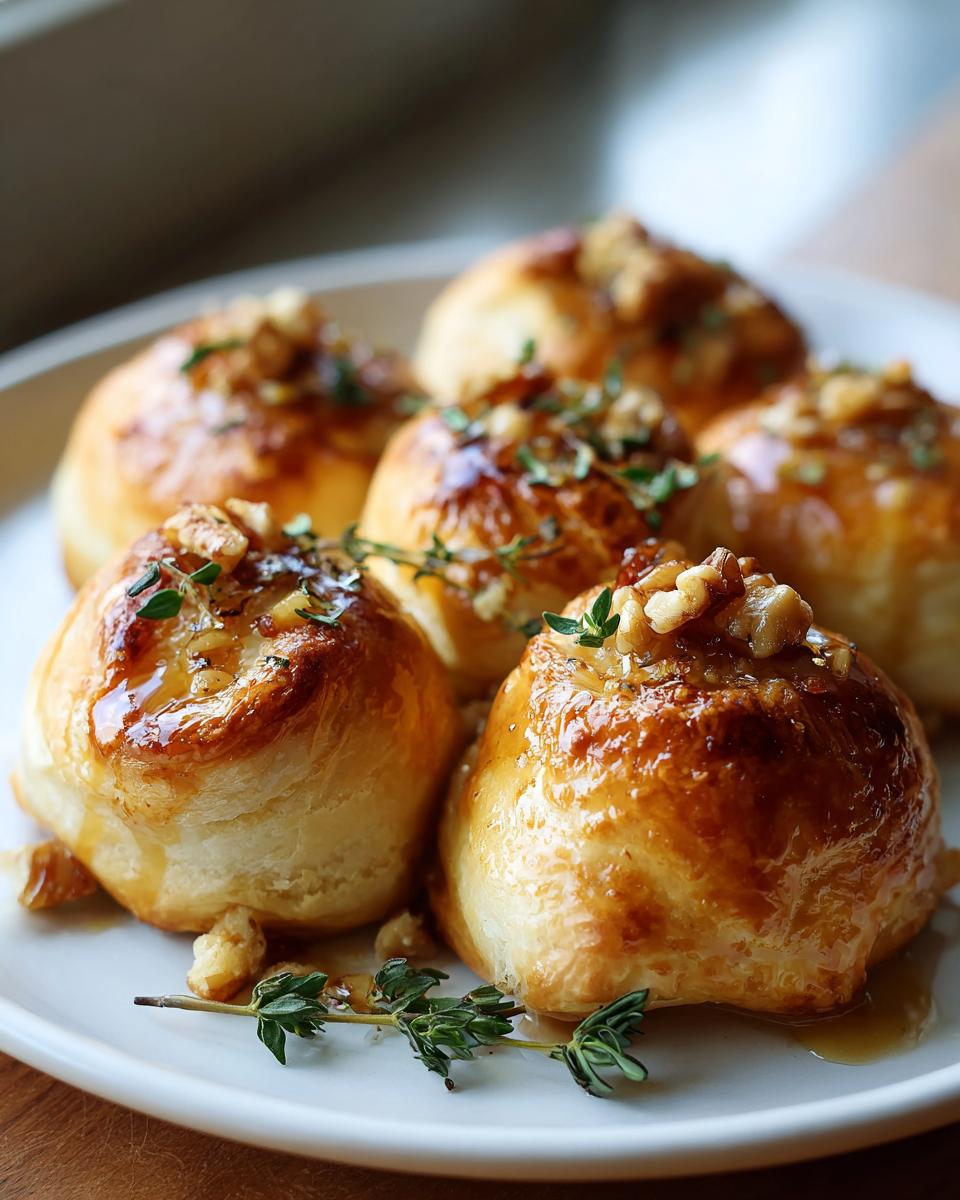 Close-up of baked goat cheese and honey bites topped with chopped walnuts and fresh thyme.