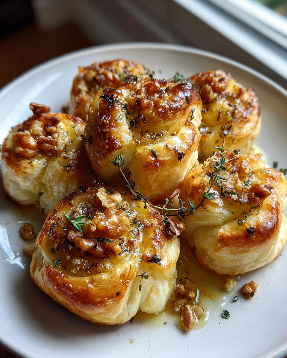Close-up of five golden baked goat cheese and honey bites topped with walnuts and fresh thyme.