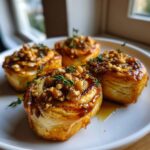 Four golden, flaky pastry bites topped with honey glaze, chopped walnuts, and thyme, representing goat cheese and honey bites.