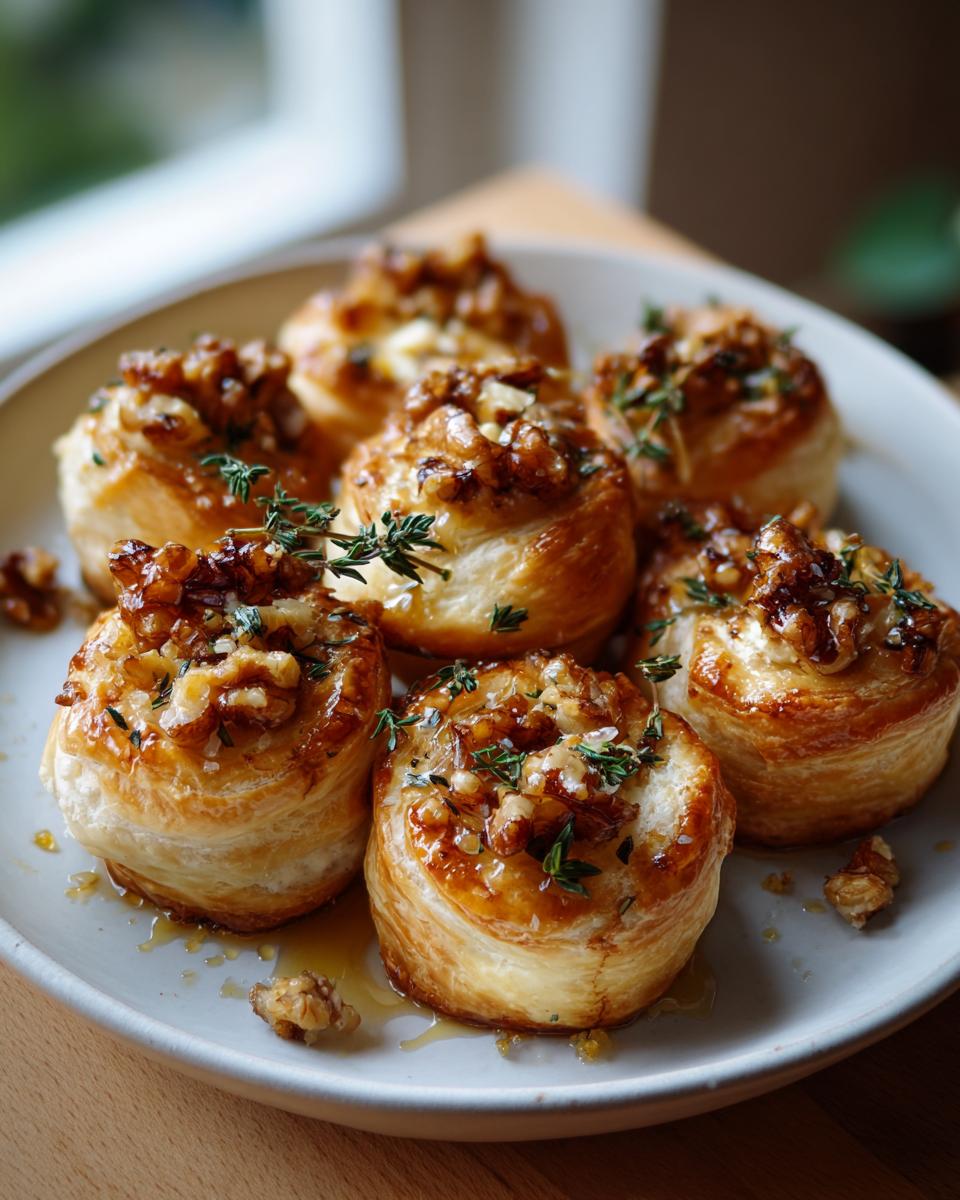 Close-up of several golden puff pastry goat cheese and honey bites topped with candied walnuts and fresh thyme.