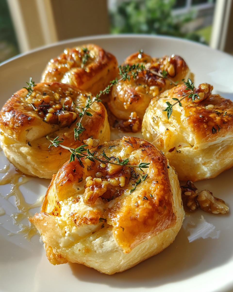 Five baked goat cheese and honey bites topped with walnuts and thyme on a white plate.