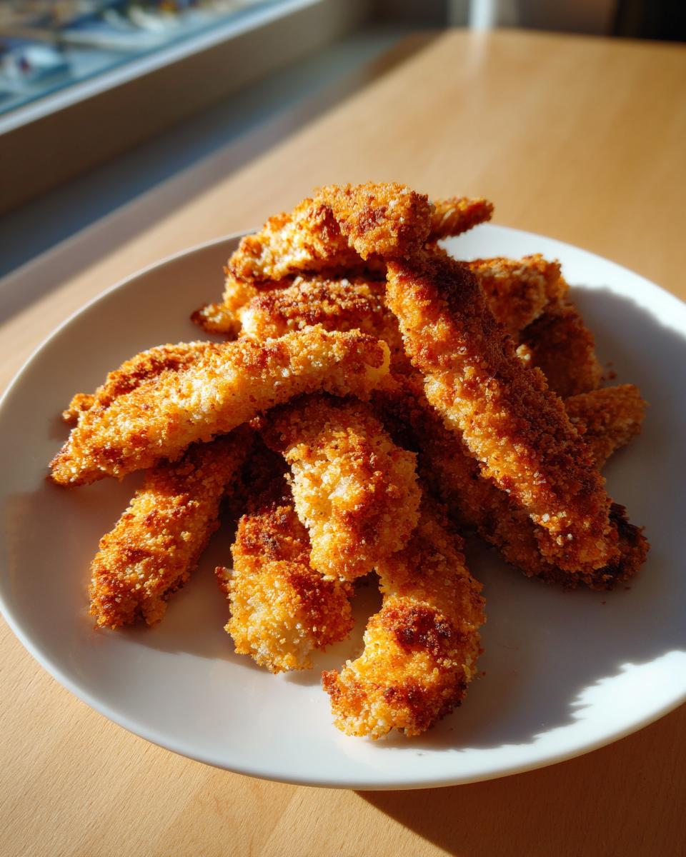 A pile of crispy, golden brown baked chicken tenders resting on a white plate, beautifully lit by sunlight.