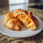 Close-up of golden baked buffalo chicken pockets, one cut in half revealing shredded chicken filling.