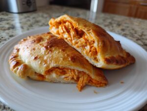 Two golden-baked buffalo chicken pockets, one cut in half showing the shredded, cheesy filling.