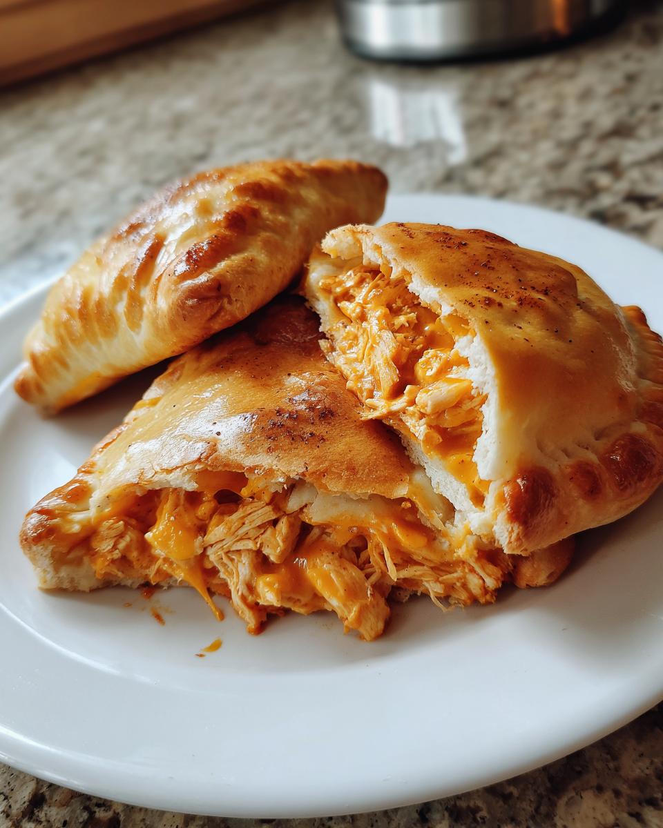 Close-up of golden baked buffalo chicken pockets on a white plate, one is cut open revealing shredded chicken filling.