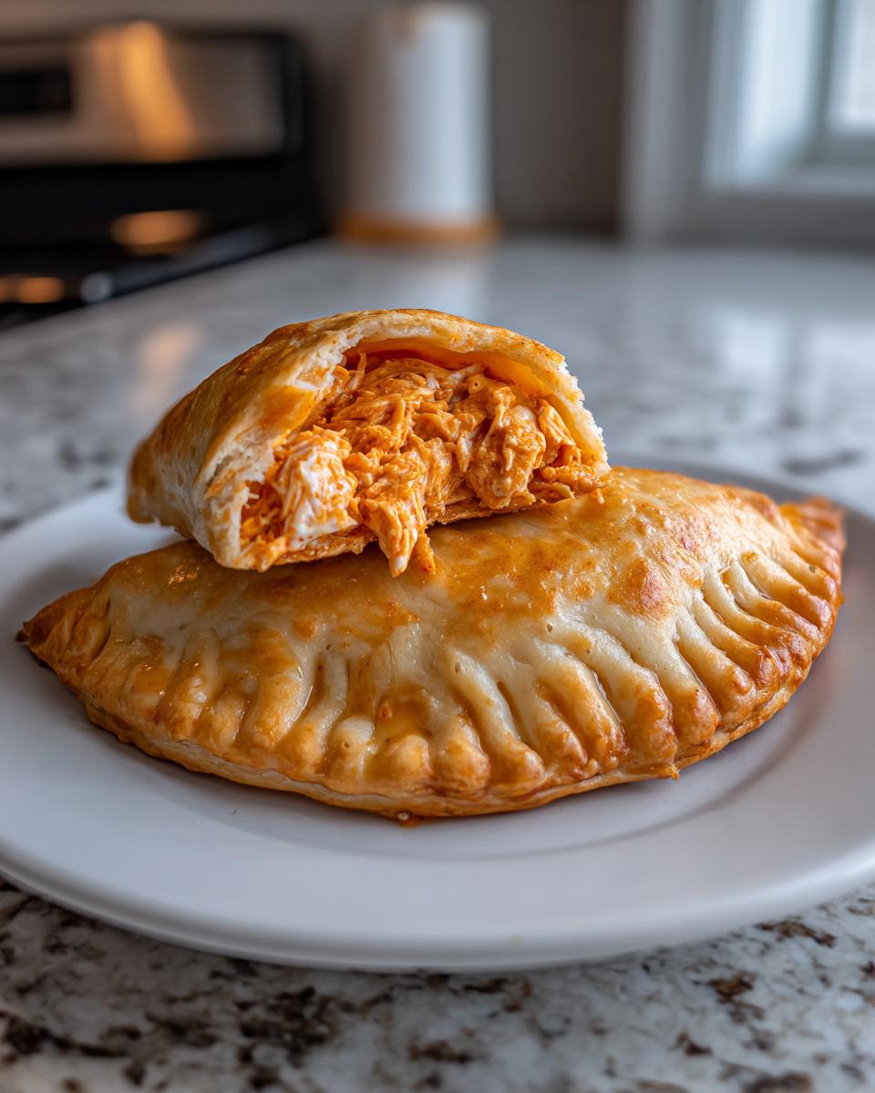 Two golden-brown buffalo chicken pockets on a white plate, one cut open revealing shredded spicy buffalo chicken filling.