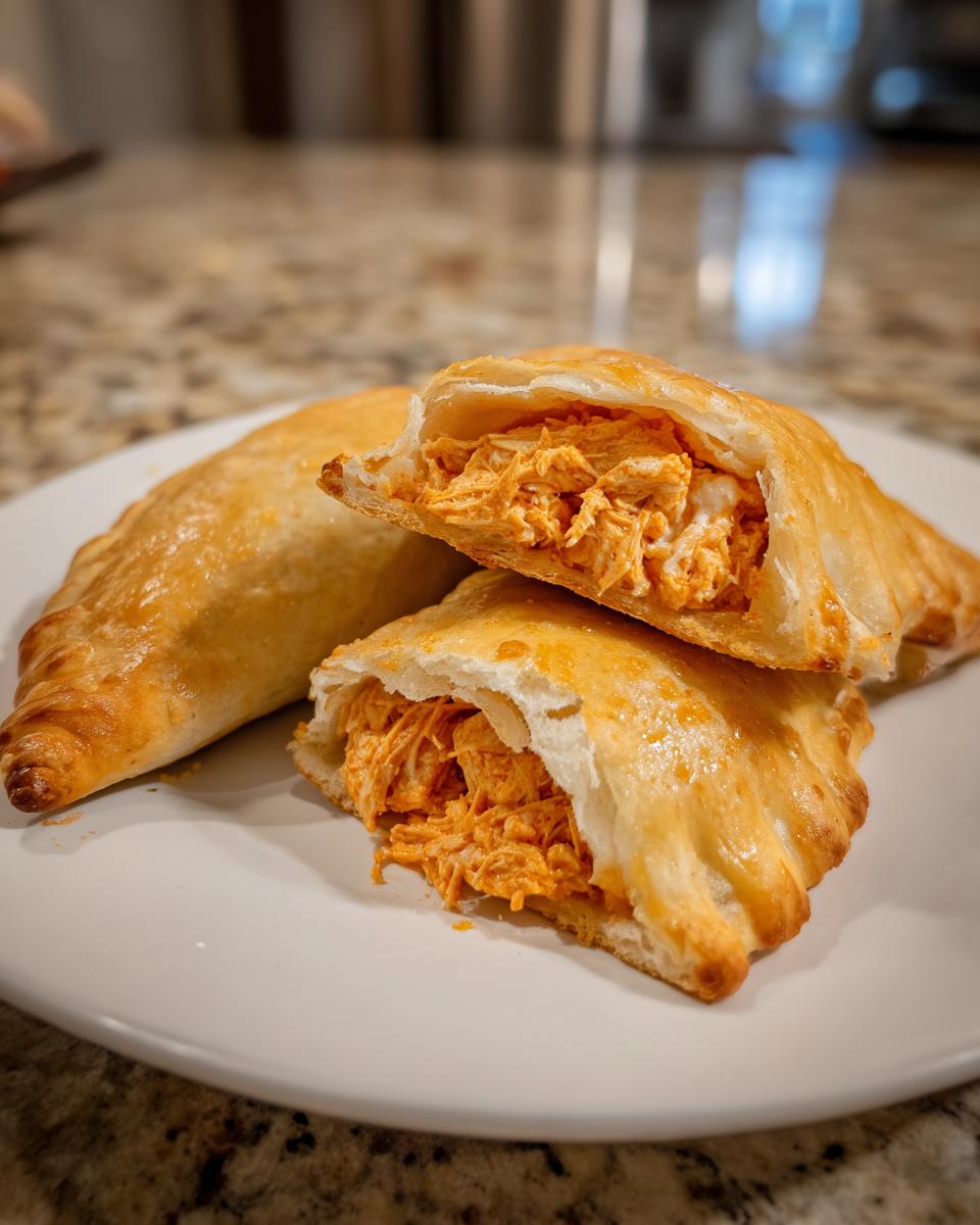 Close-up of golden baked buffalo chicken pockets, one cut in half revealing shredded, saucy filling.