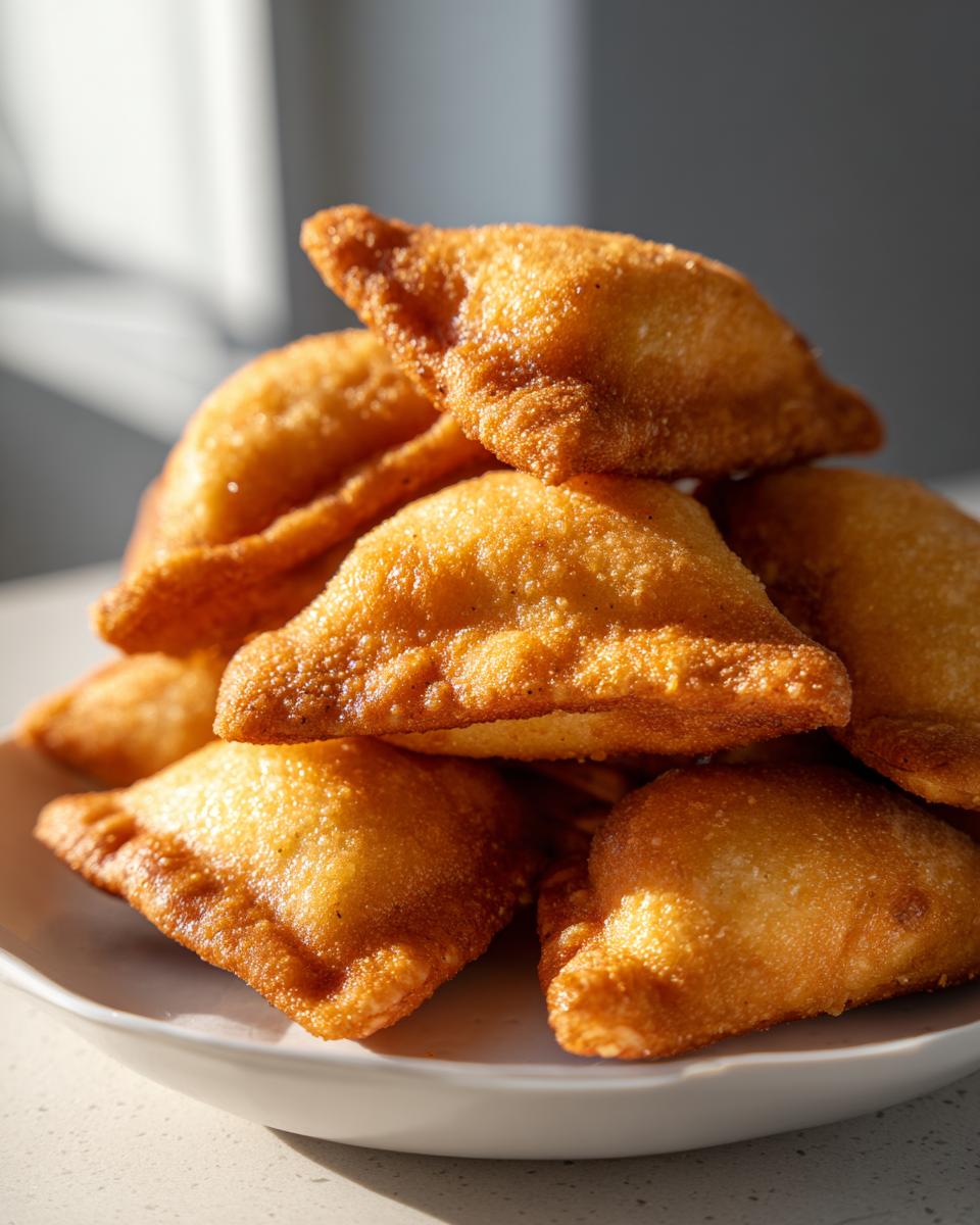 A stack of golden brown, crispy air fryer ravioli piled high on a white plate, perfectly cooked.
