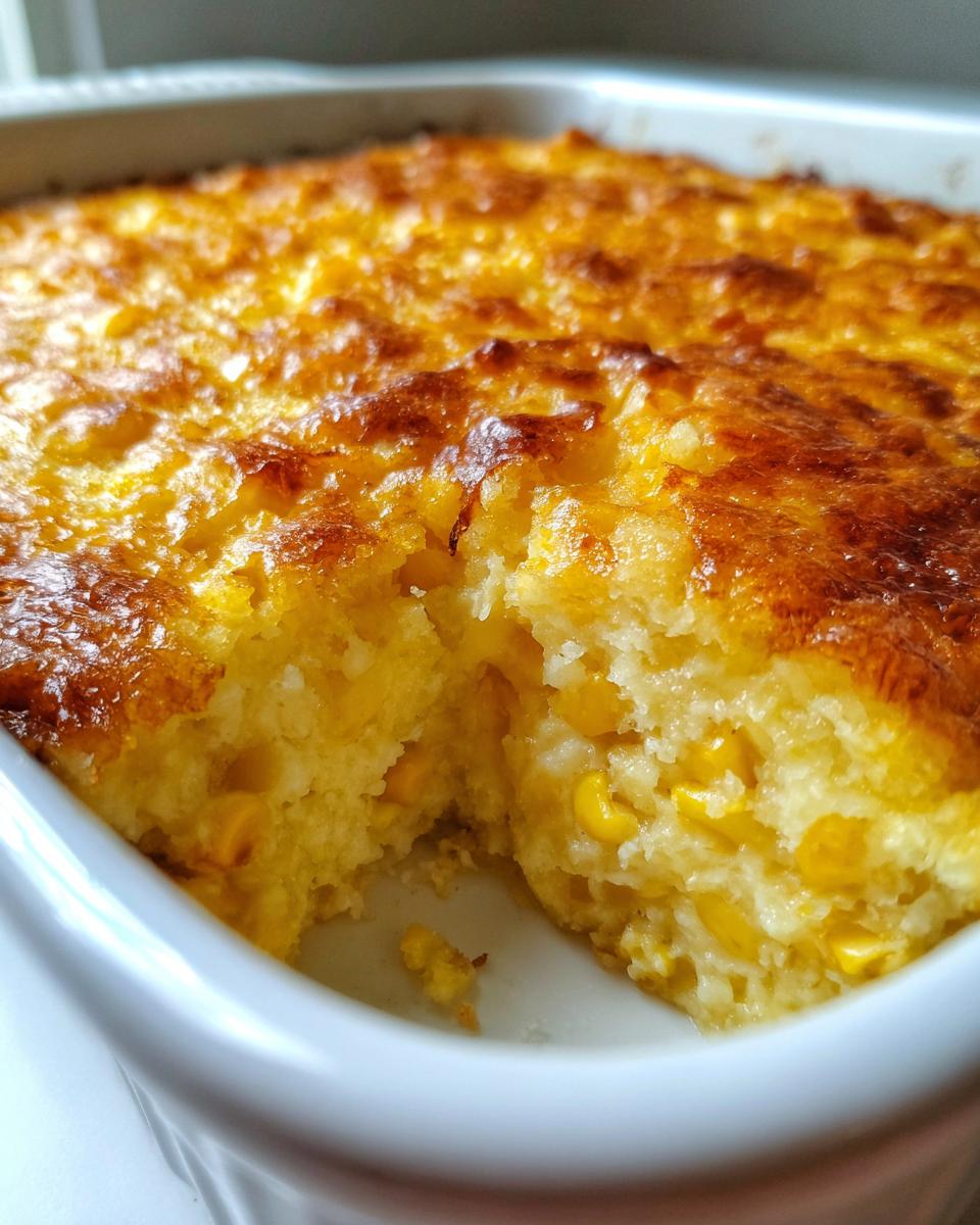 Close-up of a golden brown, baked Jiffy corn casserole with a scoop removed, showing creamy texture and whole corn kernels.