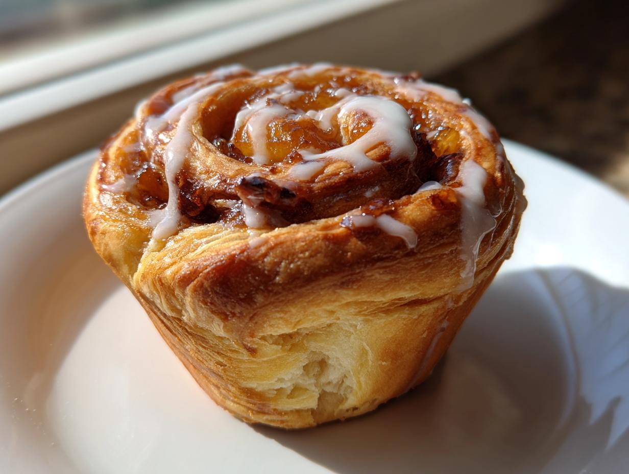 A close-up of a freshly baked peach cruffin, featuring flaky layers and a drizzle of white vanilla glaze.