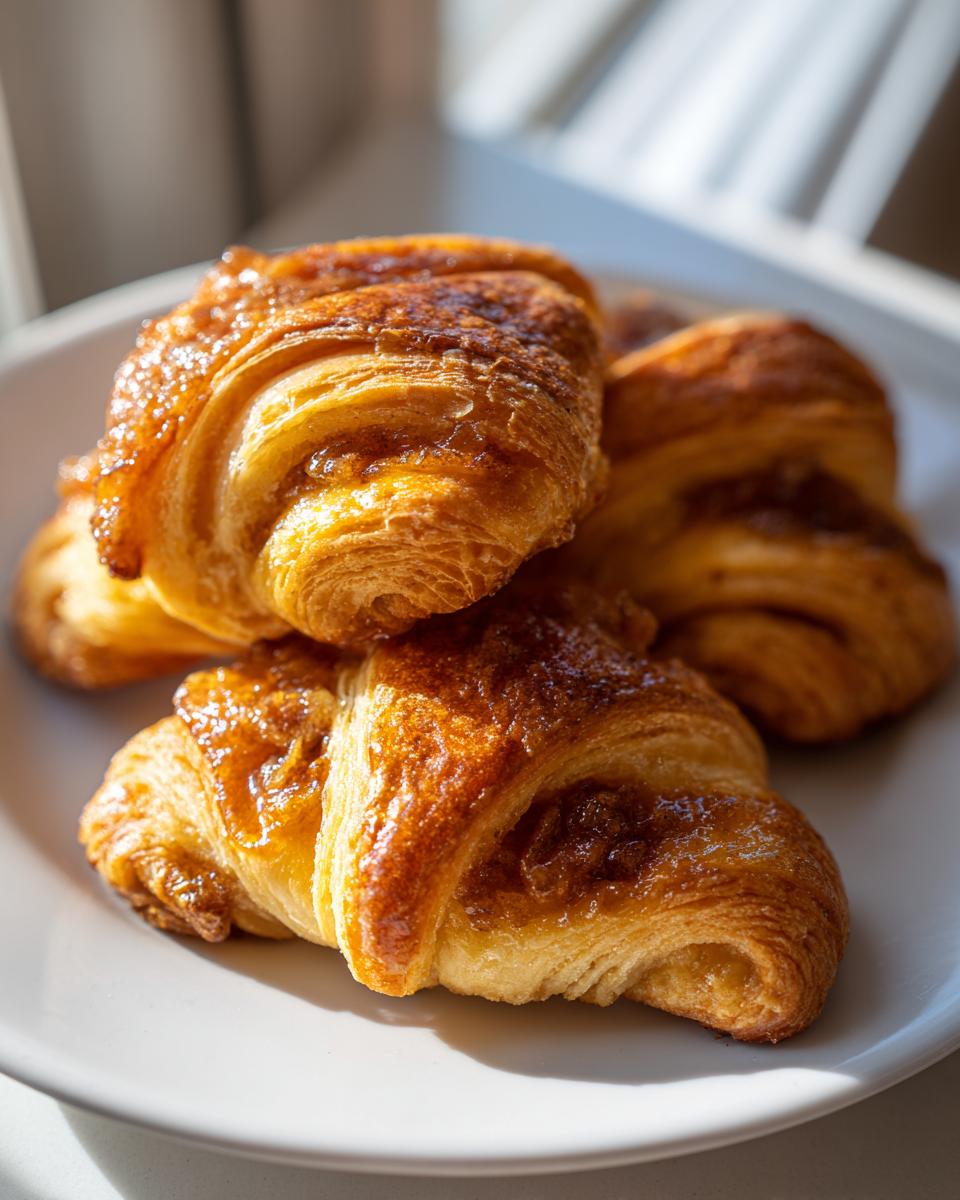 Close-up of golden, flaky pecan pie crescents stacked on a white plate, glistening under natural light.