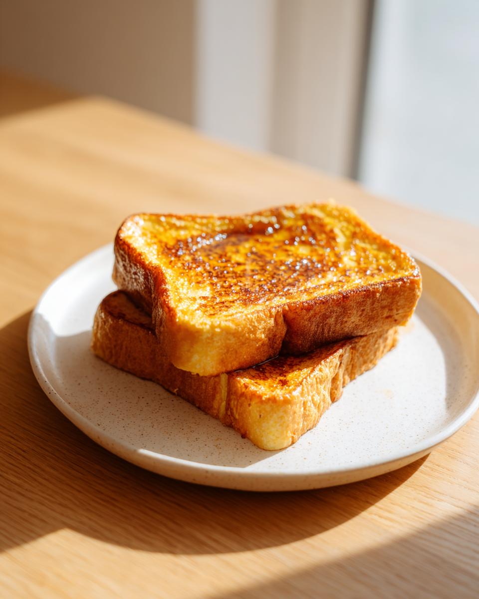 Two thick slices of golden brown texas toast french toast stacked on a speckled white plate.