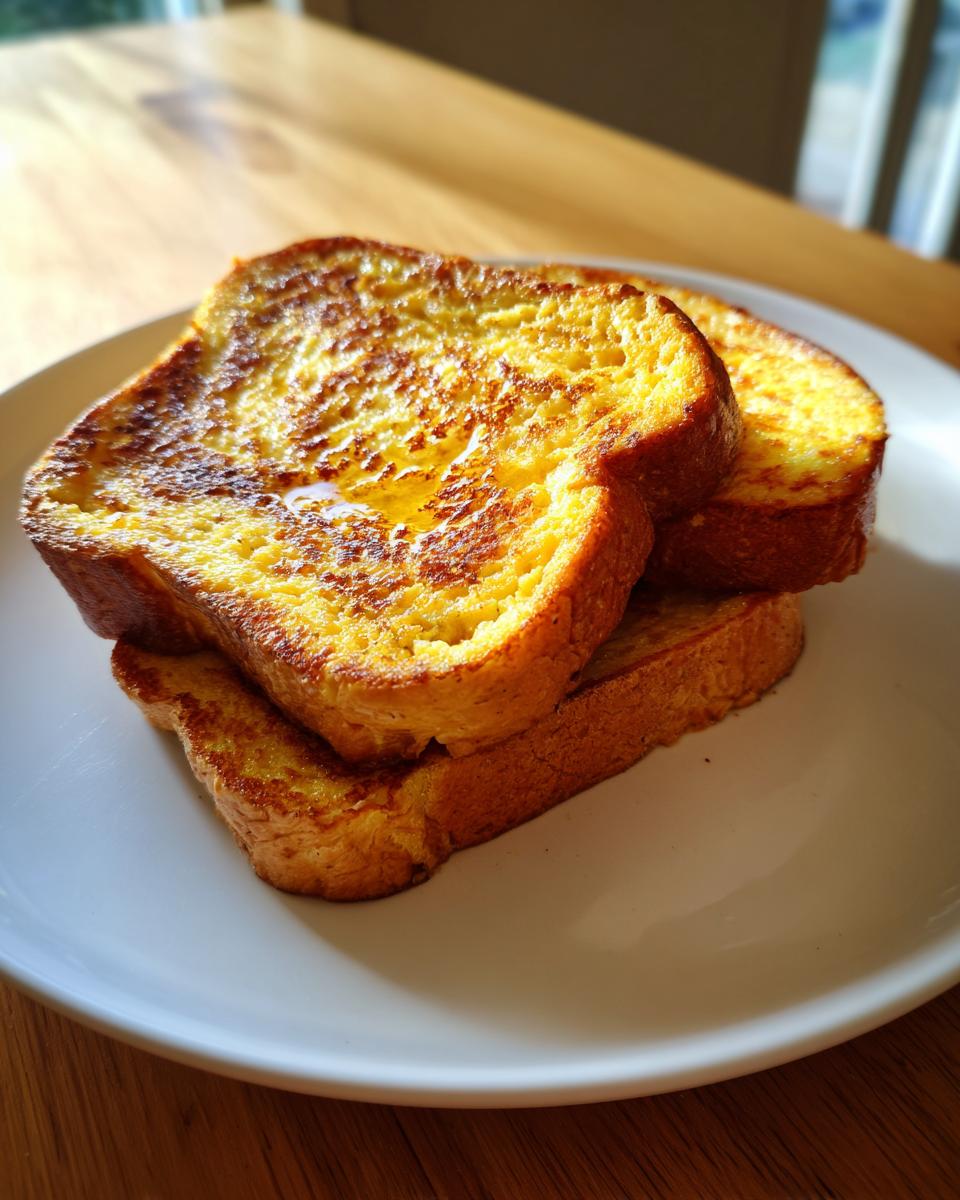 Three thick slices of golden brown texas toast french toast stacked on a white plate, glistening with syrup.