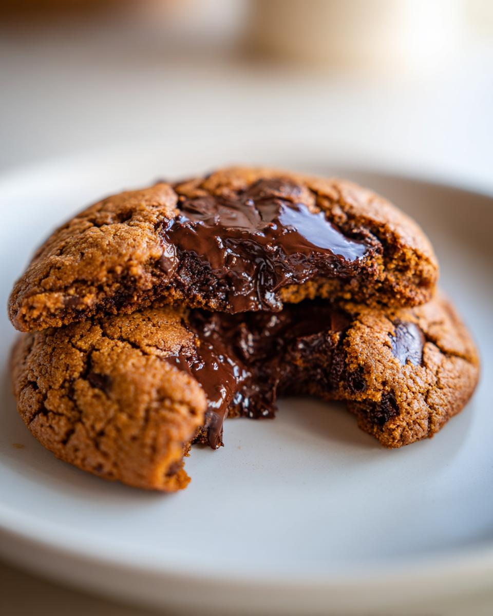 A freshly baked chocolate chip cookie broken in half revealing a molten, gooey chocolate center.