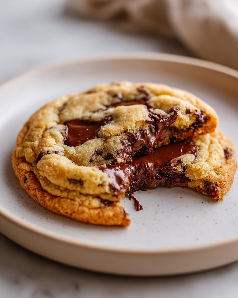 Close-up of a soft, gooey chocolate chip cookie broken in half showing melted chocolate.