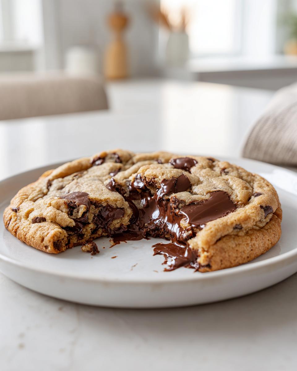 A freshly baked chocolate chip cookie broken in half, showing melted, gooey chocolate chips oozing out onto a white plate.